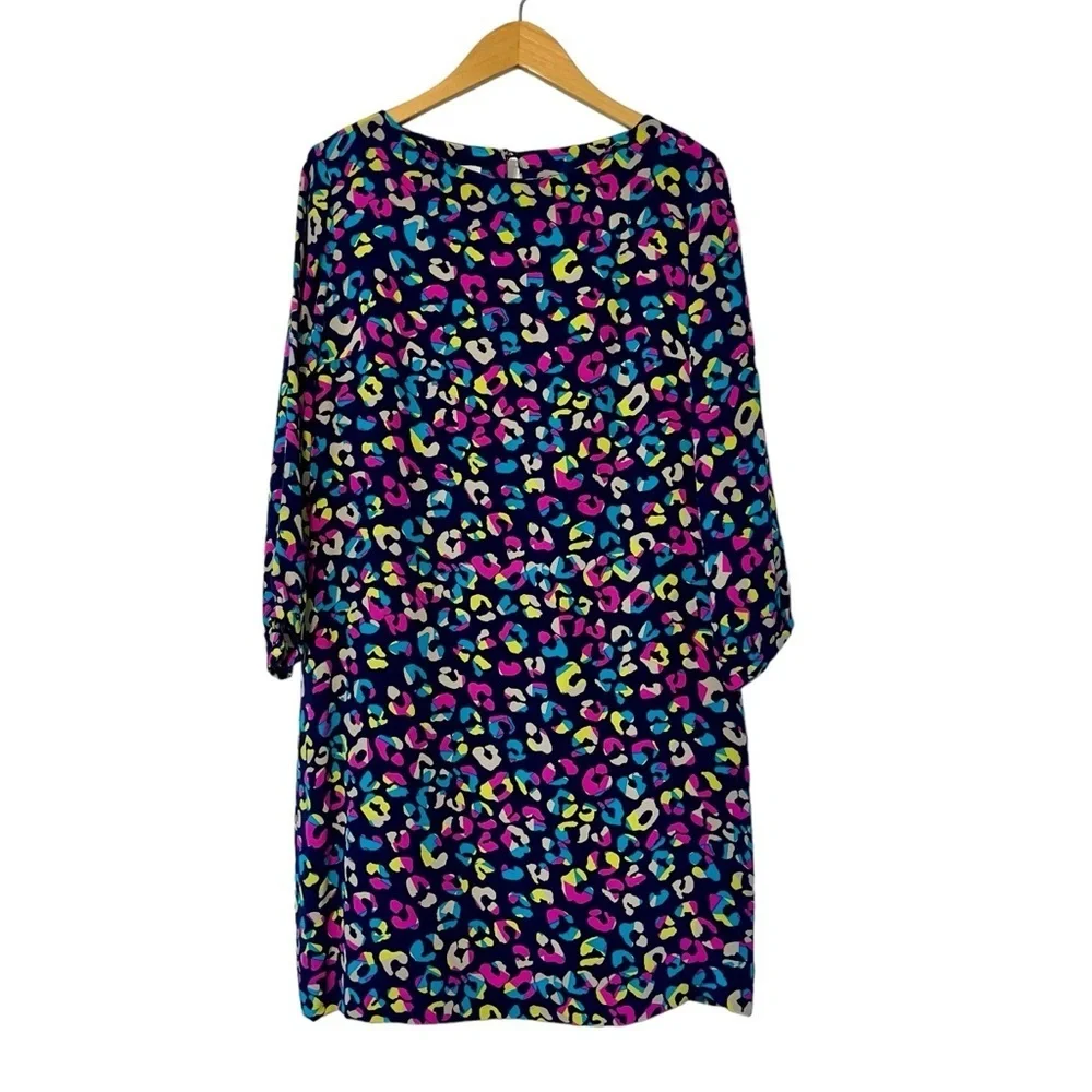 Britt Ryan 100% Silk Dress Large Navy Multicolor 3/4‎ Sleeve Made In USA